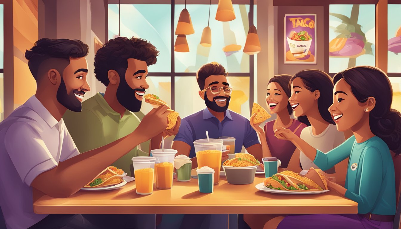 Customers enjoying Taco Bell breakfast items in a lively restaurant setting, with positive feedback and satisfaction evident through facial expressions and interactions