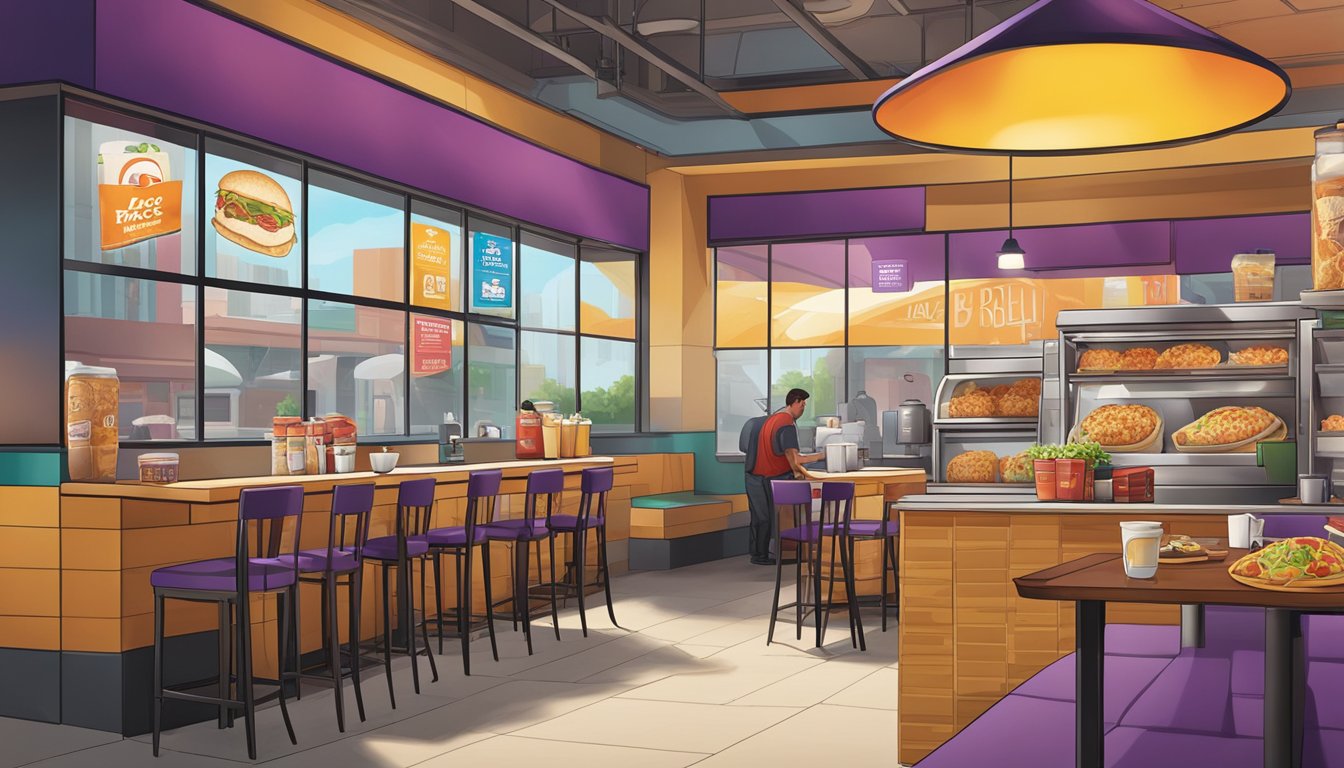 A colorful display of Taco Bell's breakfast items, including breakfast burritos, hash browns, and coffee, set against the backdrop of the 24-hour restaurant culture