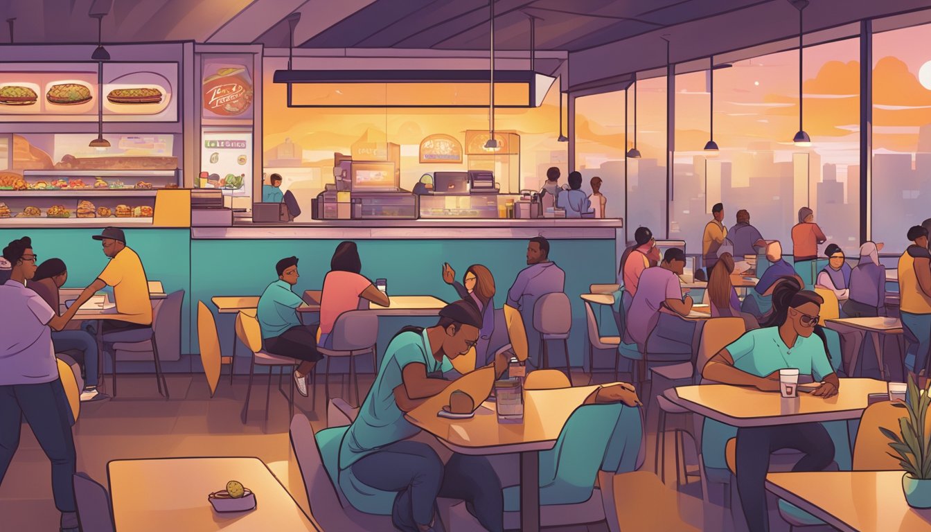 A bustling Taco Bell restaurant at sunrise, with a line of customers eagerly waiting to try the latest breakfast innovations. Tables are filled with people enjoying their meal, showcasing the 24-hour food culture