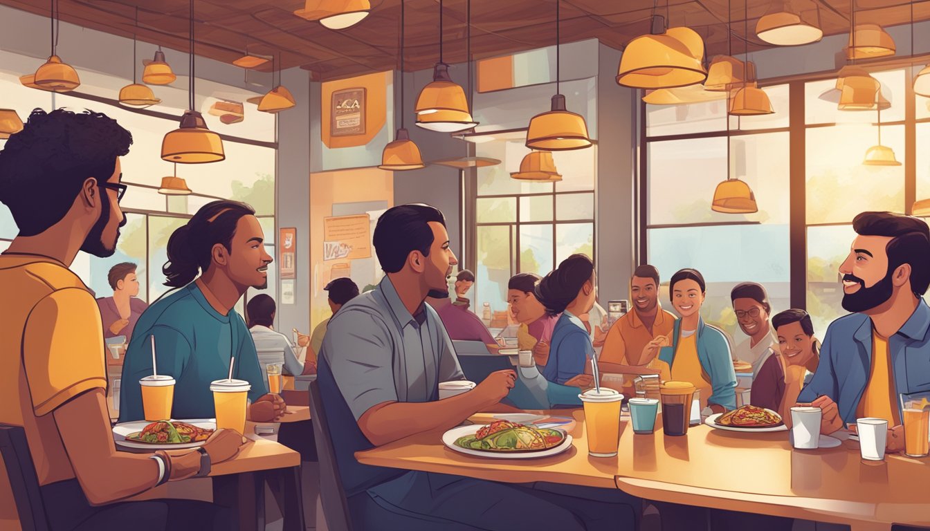 Customers enjoying Taco Bell breakfast items at a bustling restaurant, while managers review feedback and brainstorm new ideas