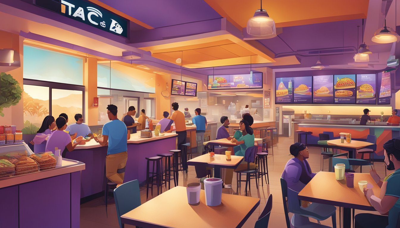 A bustling Taco Bell restaurant at dawn, with customers enjoying breakfast items and a vibrant 24-hour food culture