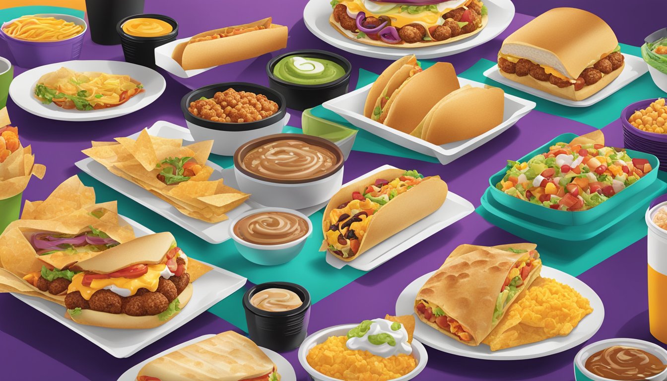 A colorful breakfast spread at Taco Bell, with a variety of menu items and happy customers enjoying their meals