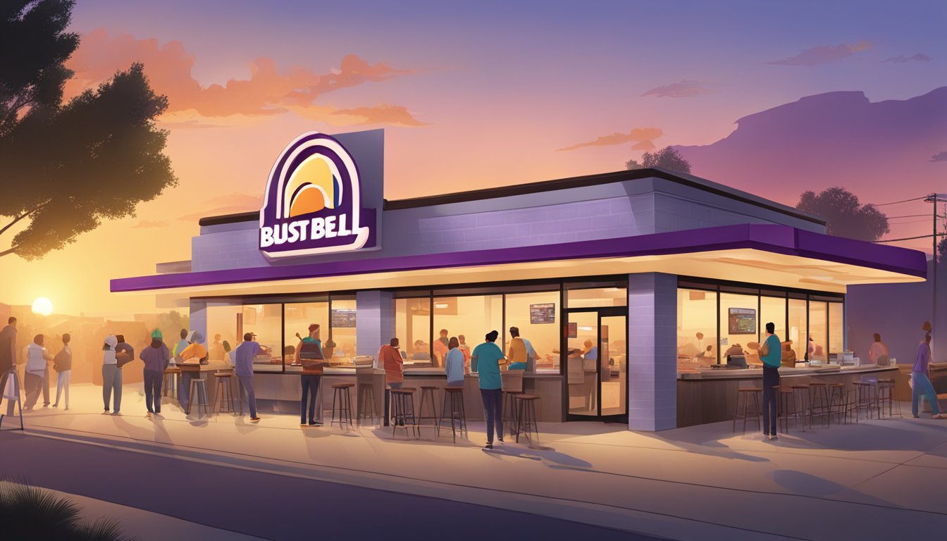 A bustling Taco Bell restaurant at dawn, with steaming breakfast tacos being prepared and customers eagerly lining up at the counter