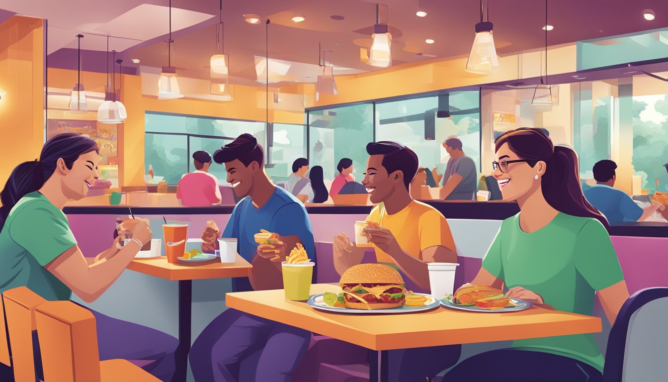 A colorful breakfast spread at Taco Bell, with satisfied customers enjoying their meals and providing feedback