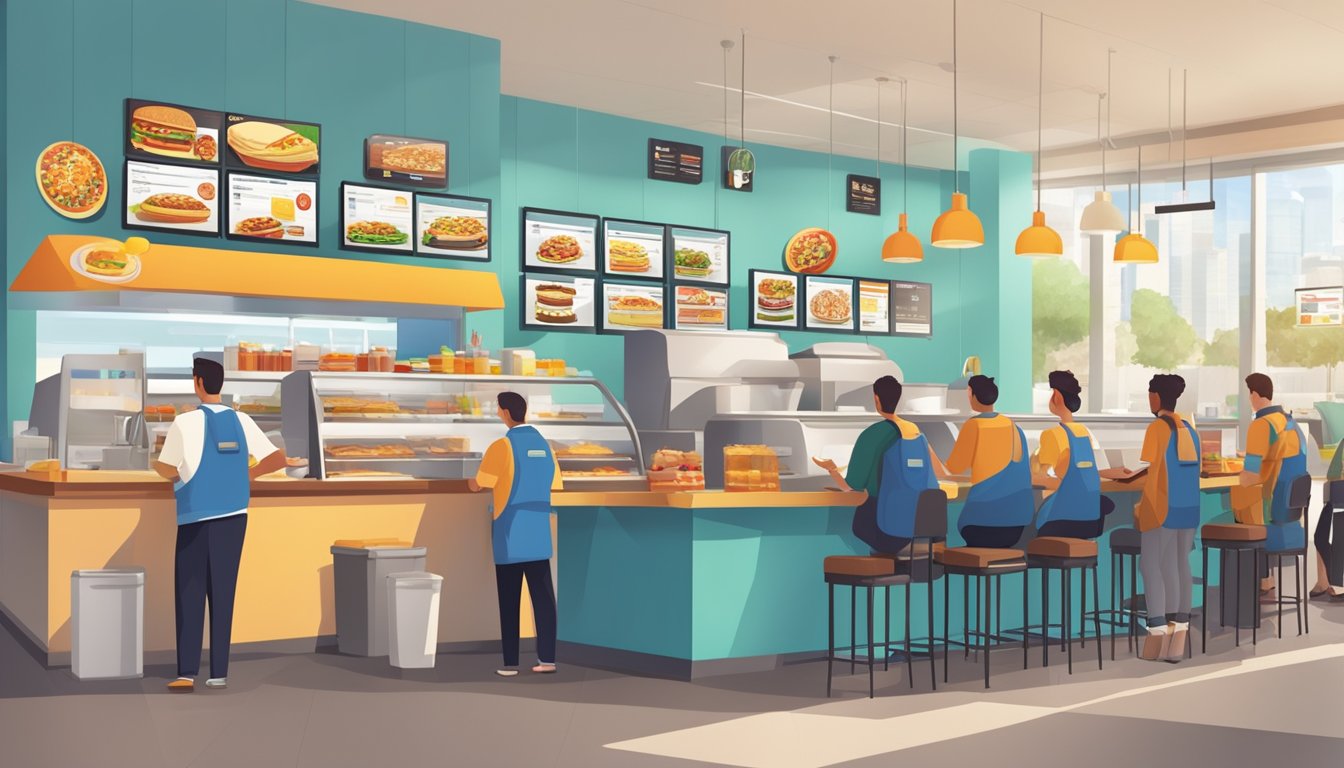 A bustling fast food restaurant with employees working in the kitchen and customers ordering at the counter, while digital screens display breakfast menu items