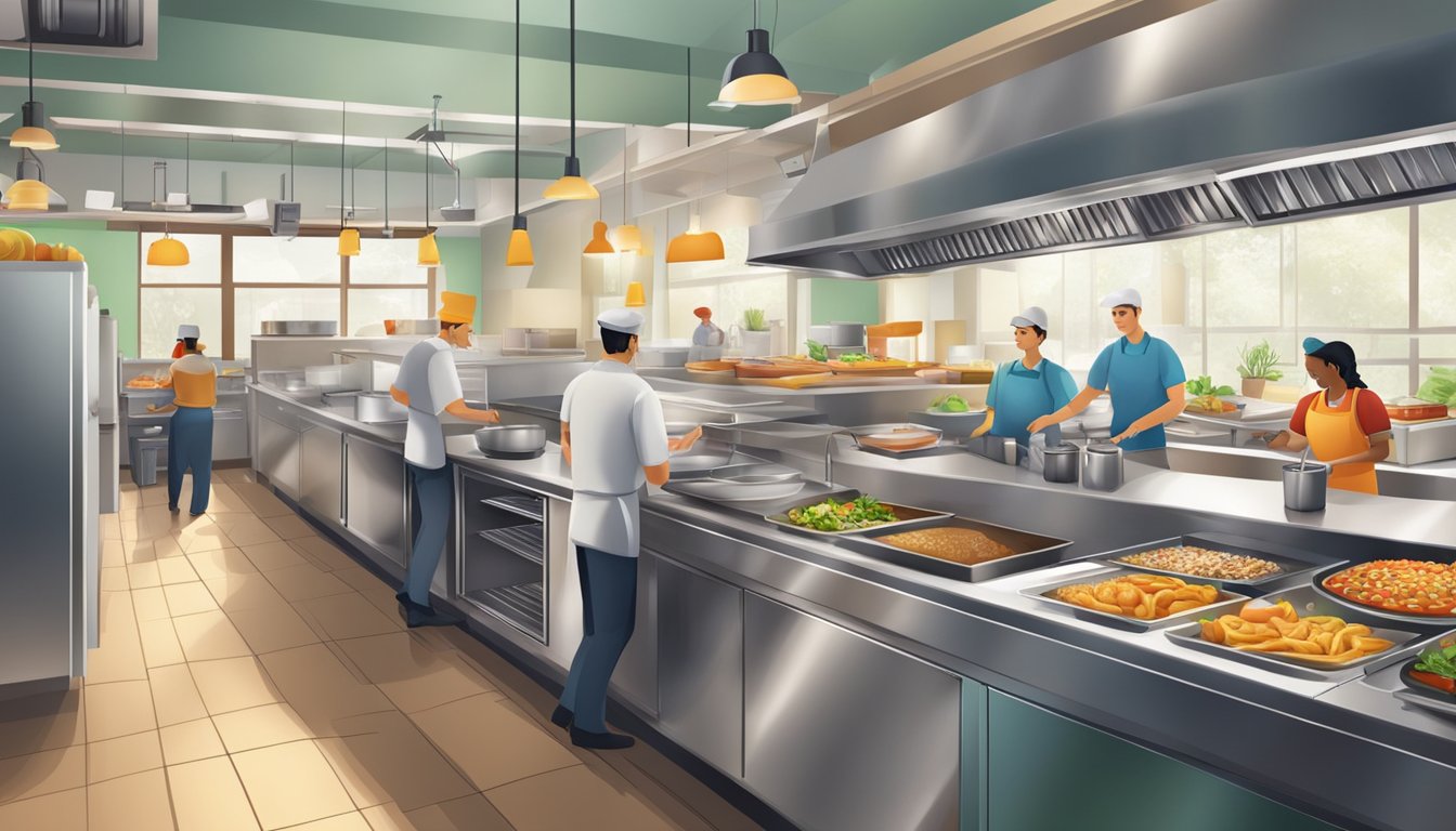 A bustling fast food restaurant kitchen with fresh ingredients and efficient staff, while customers enjoy their meals in a clean and welcoming dining area