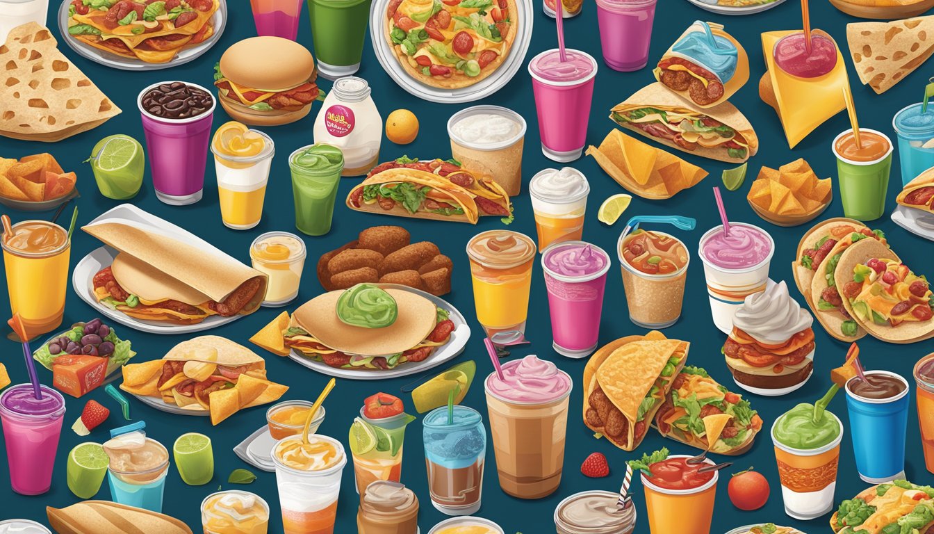 A colorful array of breakfast beverages surrounds a variety of Taco Bell breakfast items, showcasing the fast-food chain's 24-hour food culture