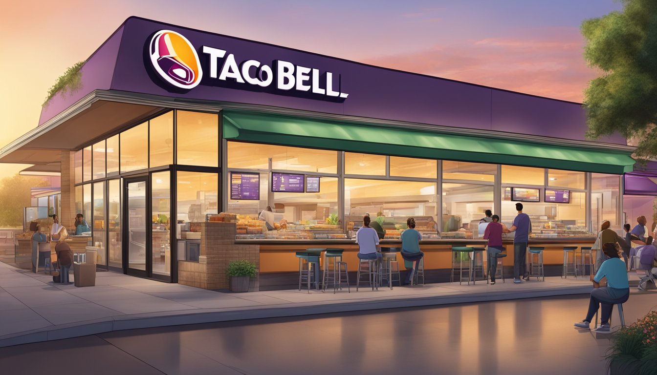 The sun rises over a bustling Taco Bell, with breakfast items on display and a continuous flow of customers in a 24-hour food culture