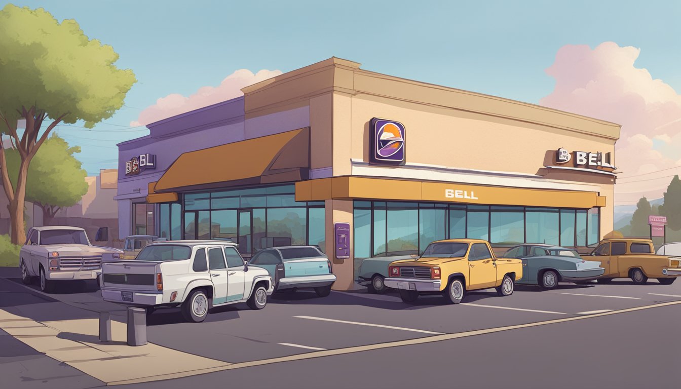 A bustling Taco Bell drive-thru with a line of cars, while nearby breakfast chains appear empty and abandoned