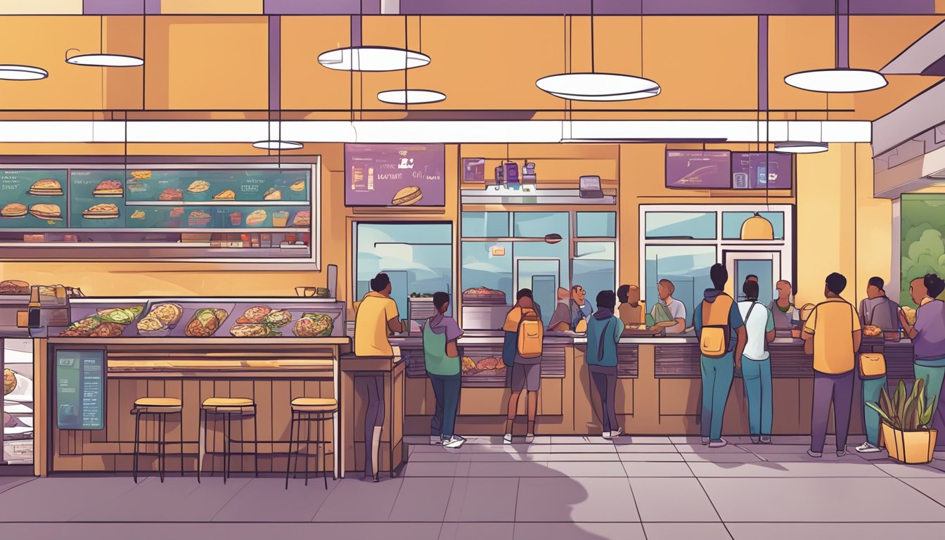 A bustling Taco Bell restaurant at sunrise, with a line of customers eagerly waiting to try the latest breakfast offerings. The 24-hour food culture is evident as the restaurant prepares to serve early risers and late-night snackers alike