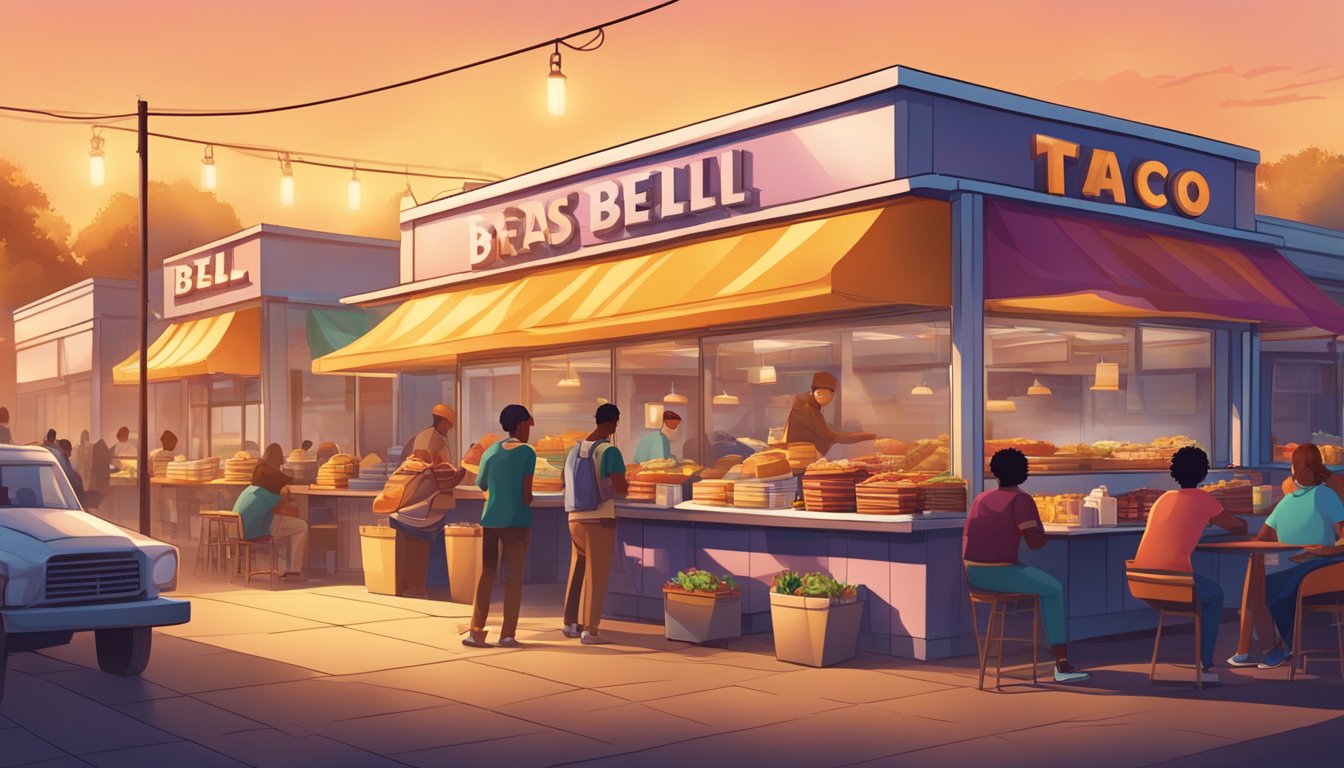 A bustling breakfast market with various fast-food chains, including Taco Bell, competing for customers. Sunrise casts a warm glow on the scene