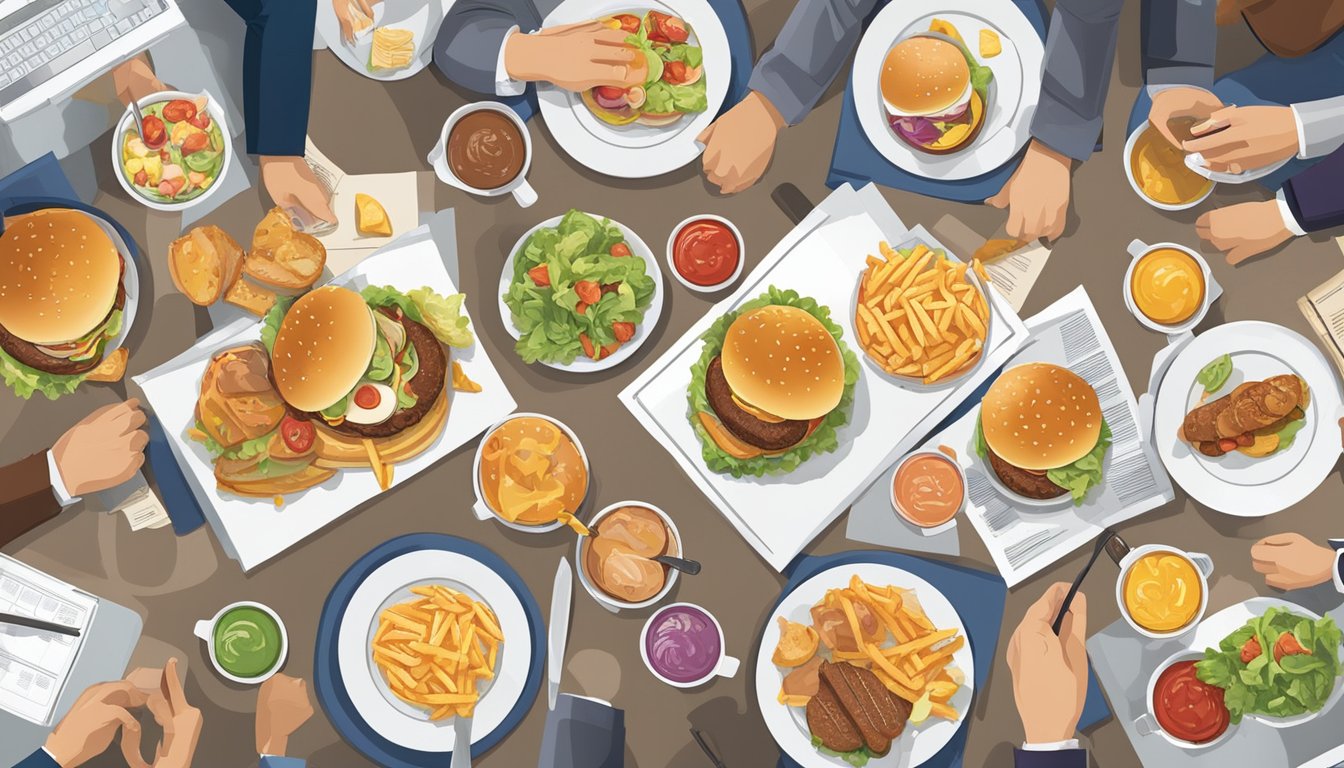 A group of franchisees gather around a table, discussing and brainstorming new breakfast menu items for Burger King. Charts and graphs are spread out, showing sales data and market trends