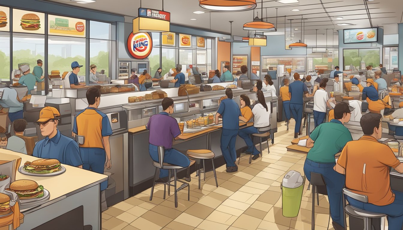 A bustling breakfast rush at a Burger King franchise, with employees efficiently managing resources to meet demand