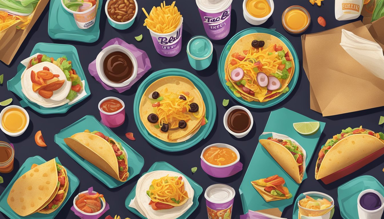 A colorful Taco Bell breakfast spread with nostalgic elements like retro packaging and vintage decor