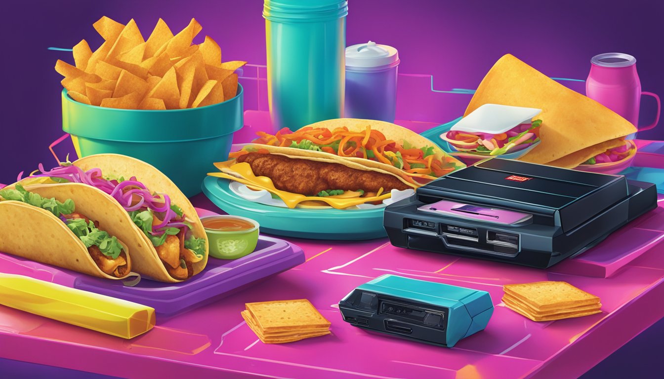 A colorful Taco Bell breakfast ad featuring nostalgic imagery from the 90s, such as neon colors, cassette tapes, and retro technology