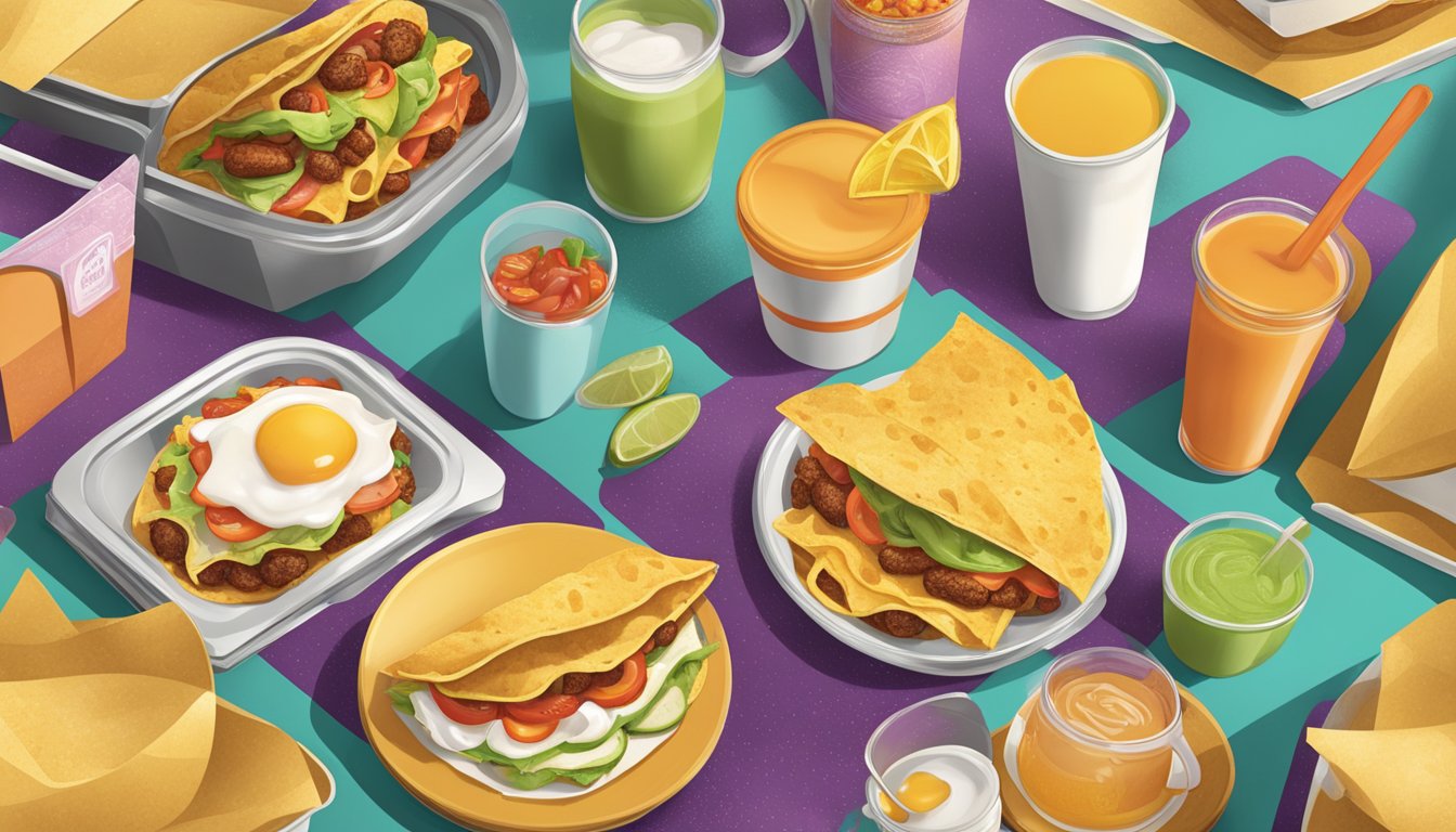 A colorful Taco Bell breakfast spread with retro packaging and vintage decor