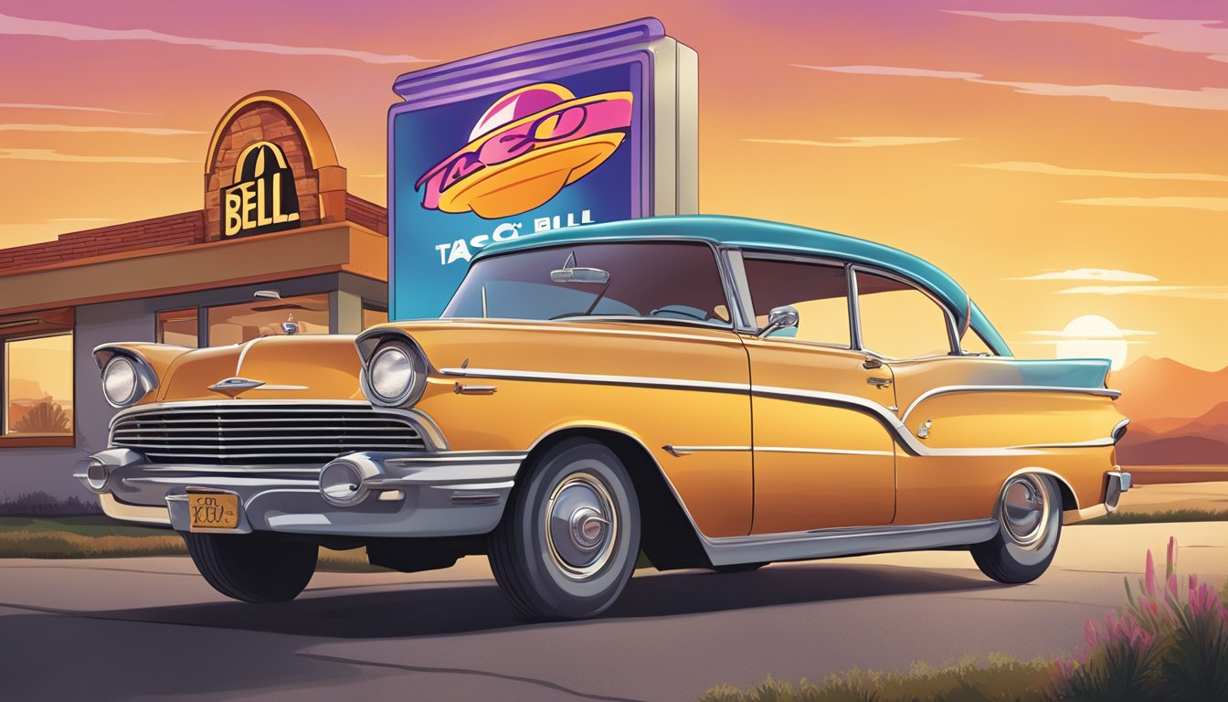 A vintage car parked at a Taco Bell drive-thru, with a sunrise in the background and a menu board featuring breakfast items