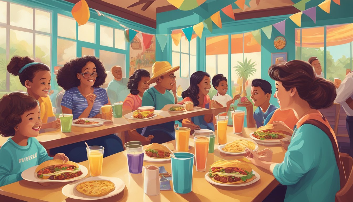 A colorful Taco Bell breakfast spread with vintage decor and nostalgic imagery, surrounded by engaged customers of all ages