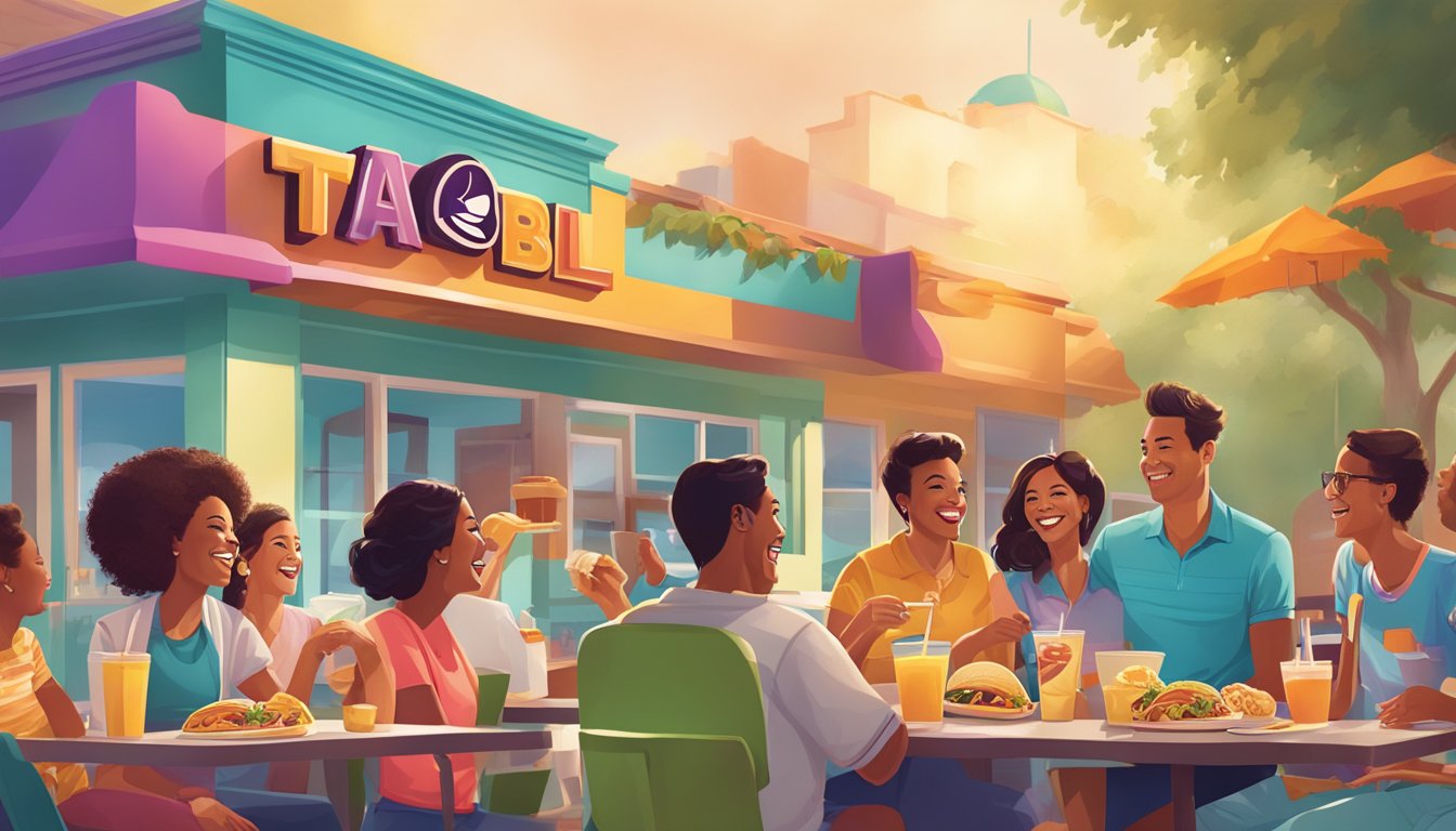 A colorful Taco Bell breakfast ad featuring nostalgic imagery and happy customers enjoying their meals