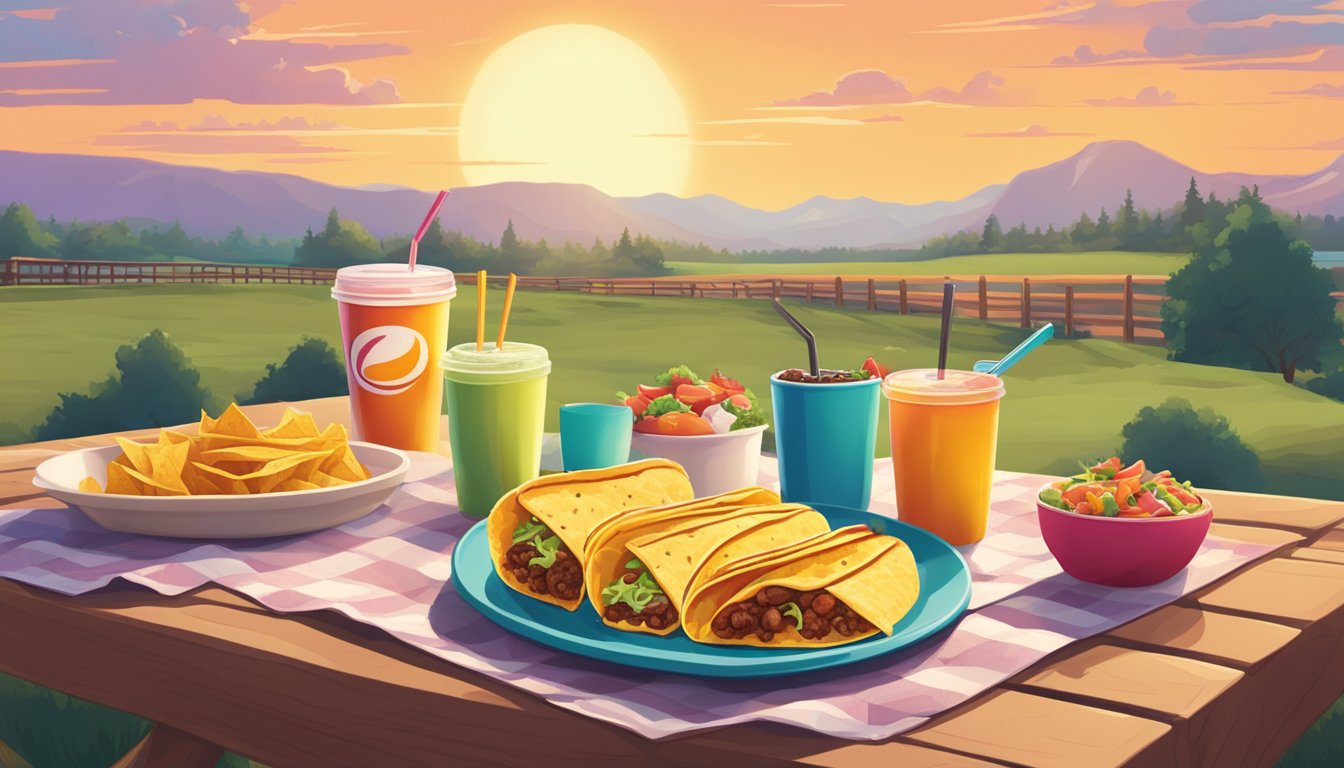 A colorful Taco Bell breakfast spread on a picnic table with a backdrop of a scenic American road trip landscape