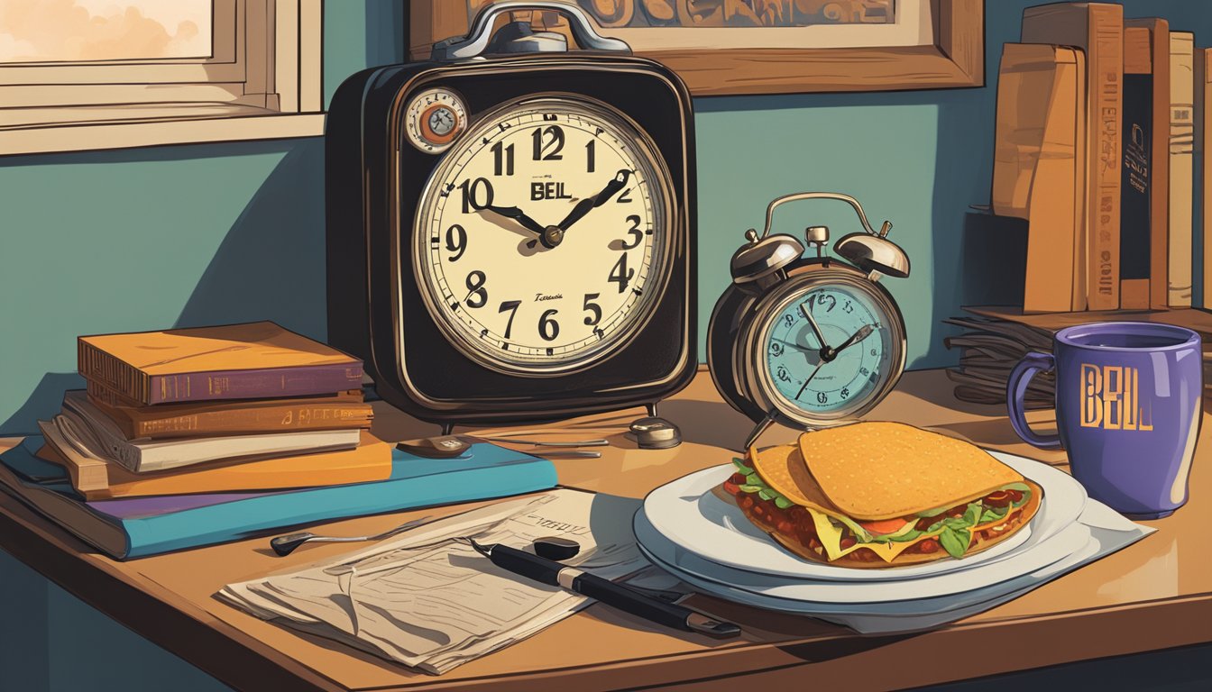 A vintage alarm clock sits on a cluttered nightstand, casting a warm glow on a classic Taco Bell breakfast menu. A worn, retro radio plays in the background