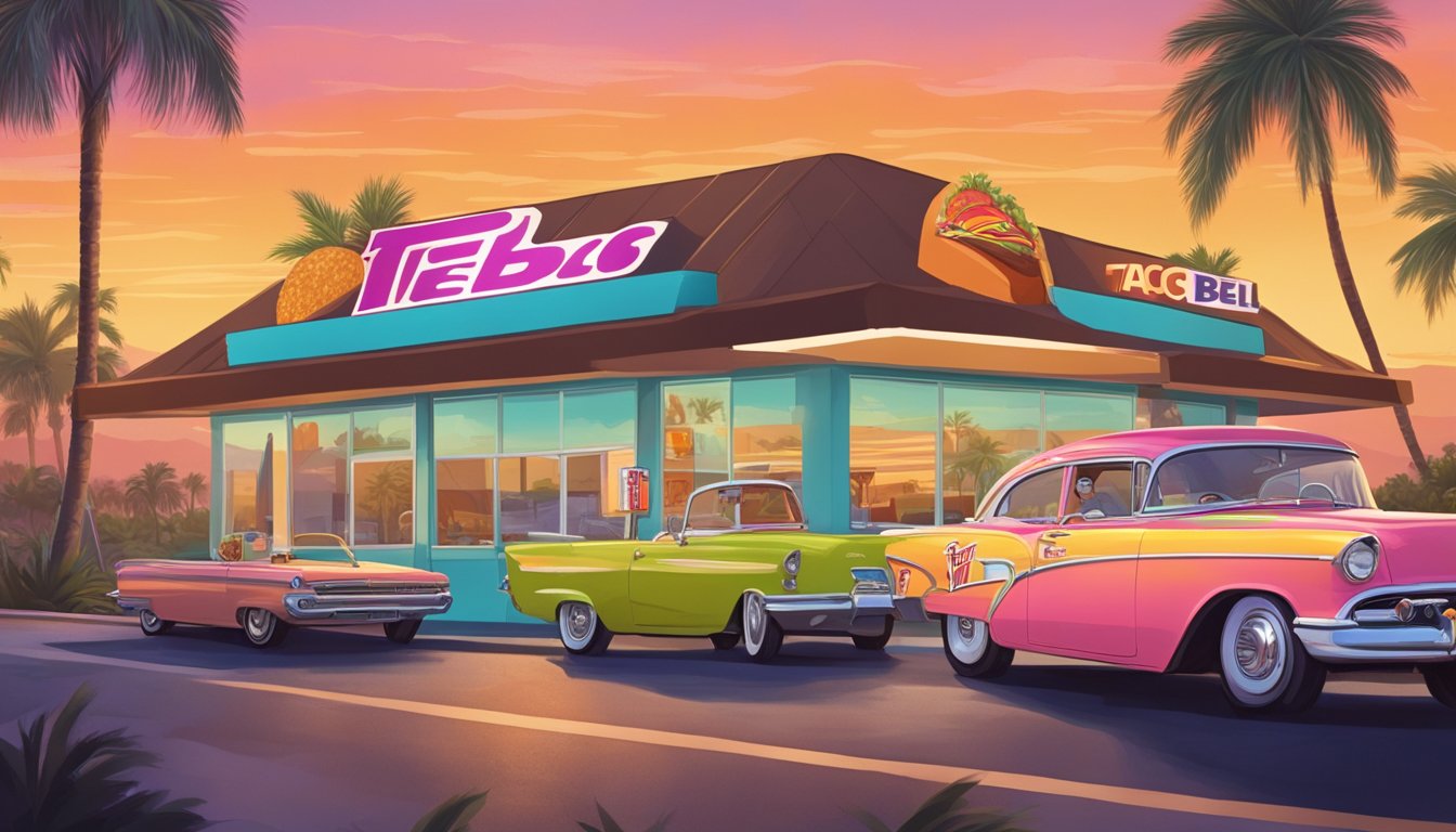 A vintage car pulls up to a colorful Taco Bell drive-thru, with palm trees and a sunrise in the background, capturing the essence of the American road trip culture and the fast-food breakfast experience