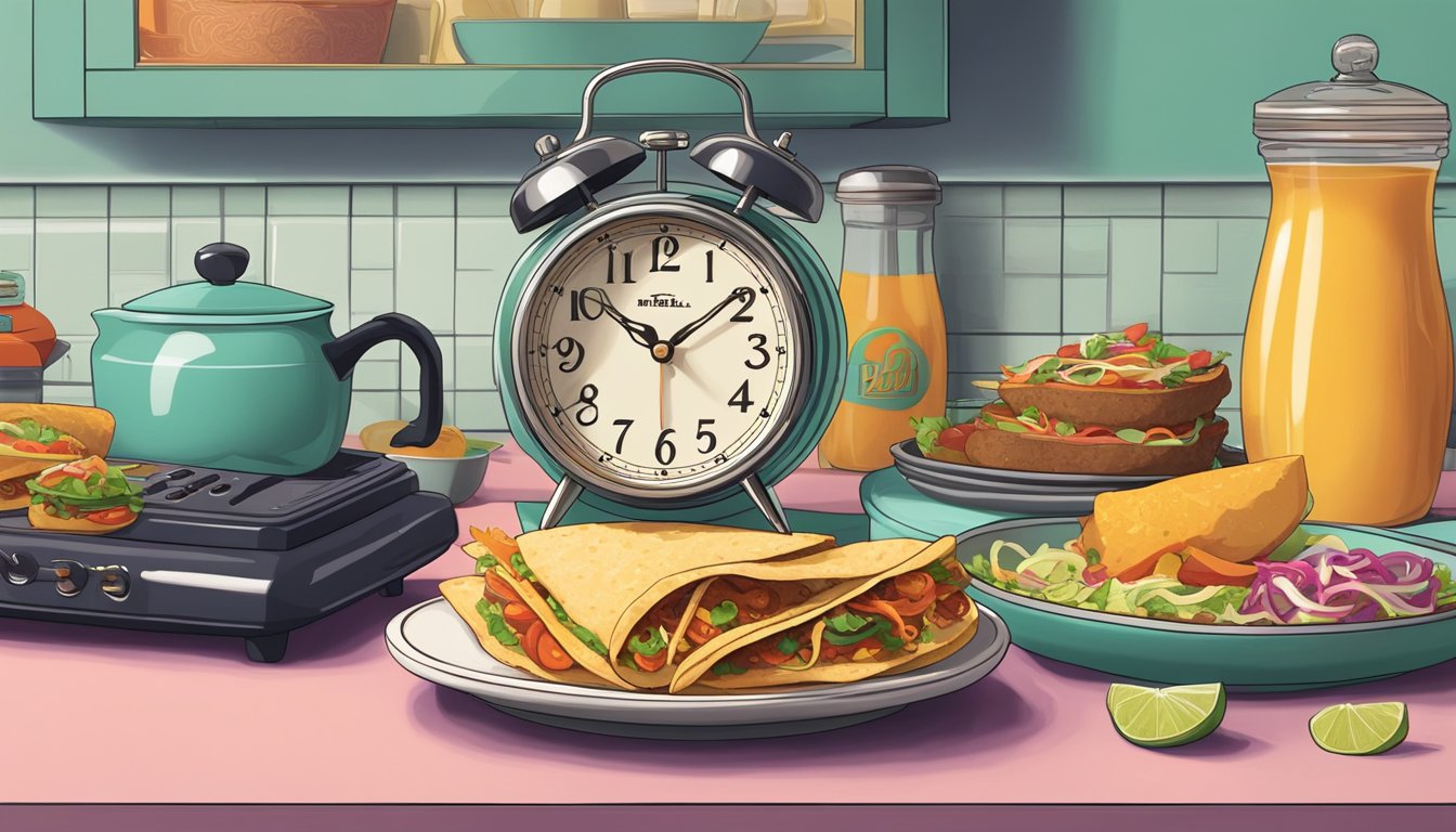 A vintage alarm clock sits on a colorful retro kitchen counter, surrounded by classic Taco Bell breakfast items