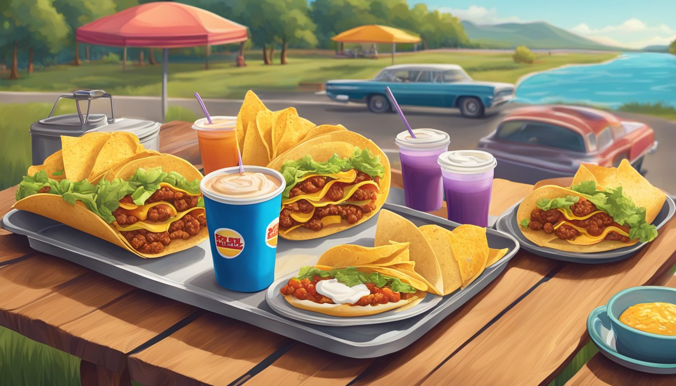 A colorful Taco Bell breakfast spread on a picnic table with a backdrop of a classic American road trip scene