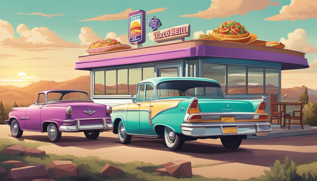 A colorful Taco Bell breakfast spread on a vintage roadside diner counter, with a classic car parked outside and a scenic American landscape in the background