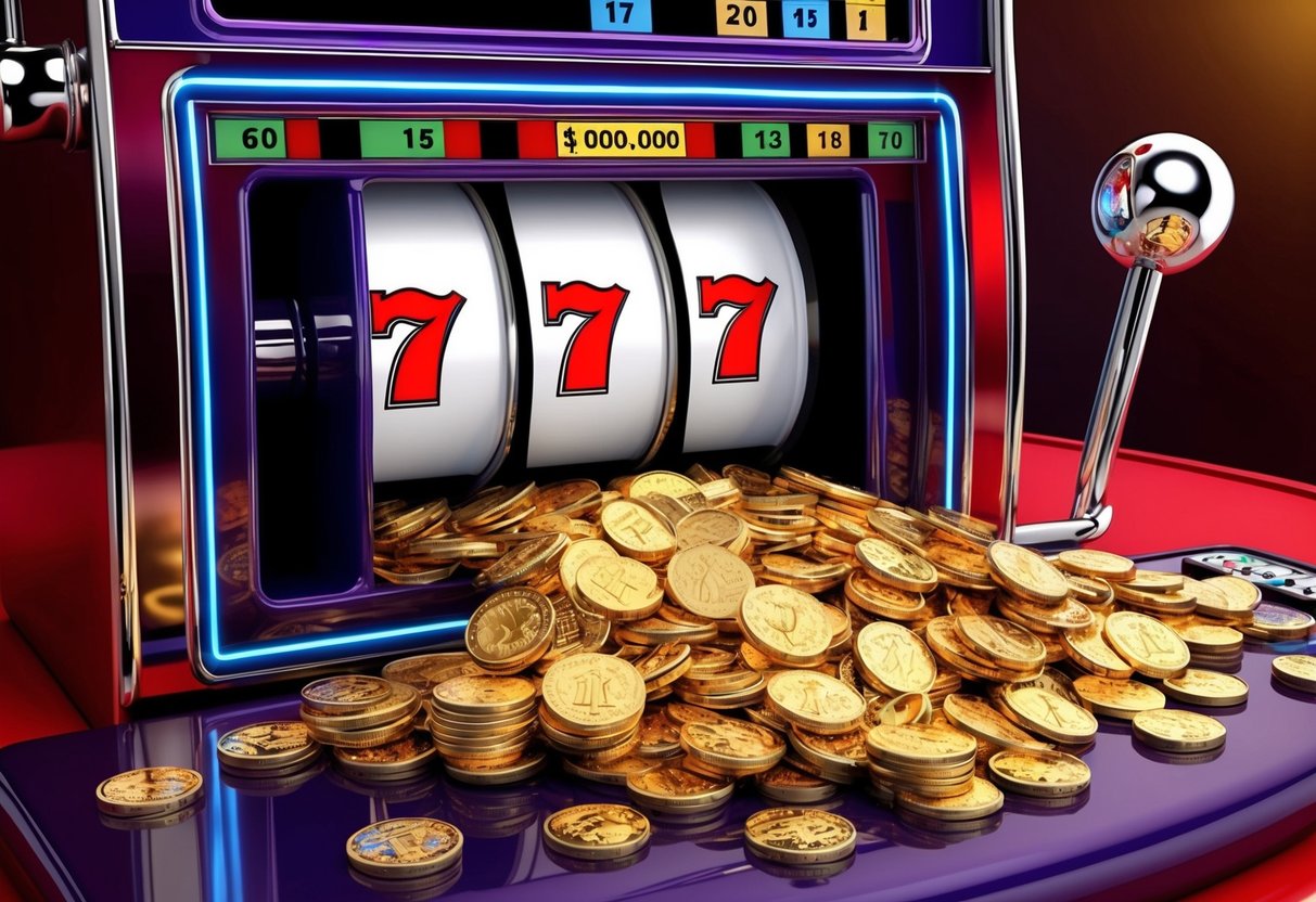 Une machine à sous remportant le jackpot avec des pièces qui débordent.