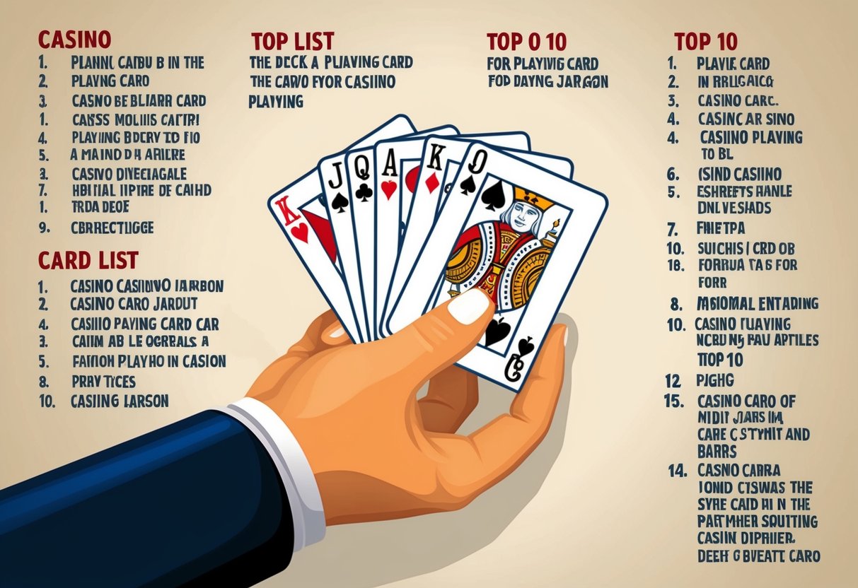 Une main tirant une carte à jouer d'un jeu, entourée de jargon de casino dans un top 10.