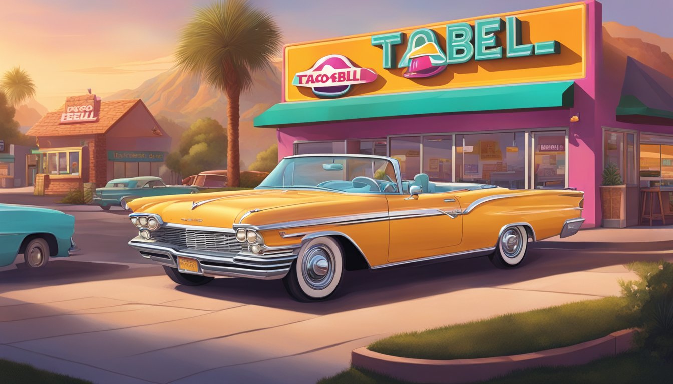 A vintage car parked at a Taco Bell drive-thru with the morning sun casting a warm glow on the colorful signage and menu board