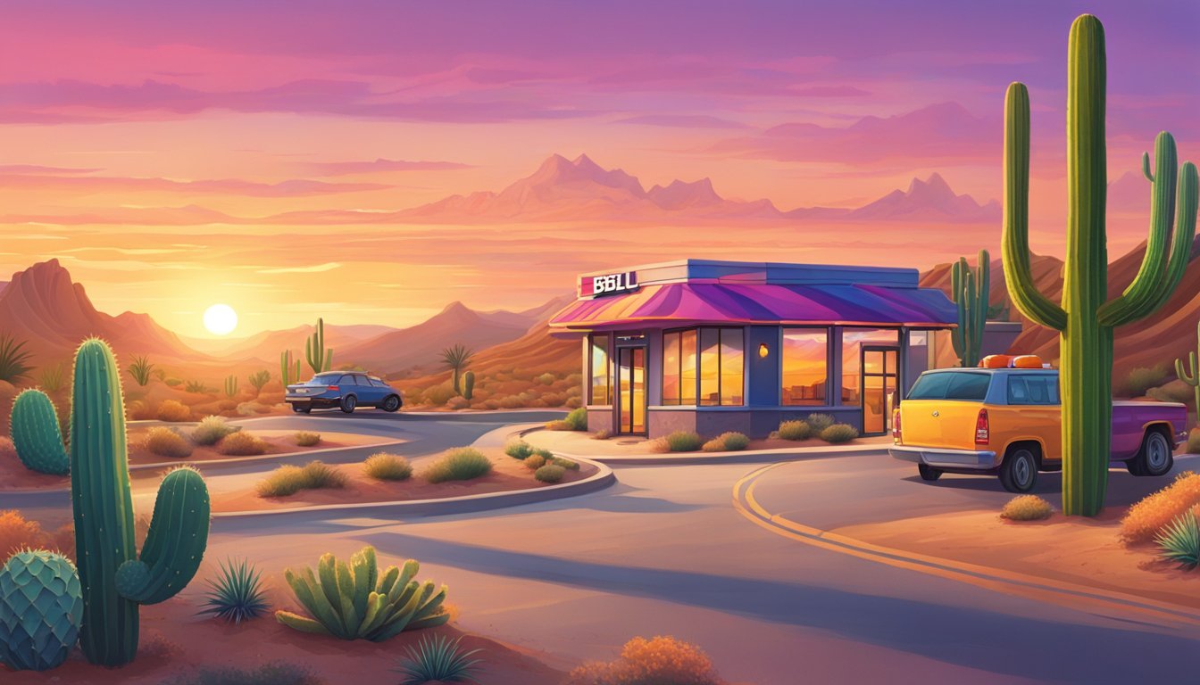 A colorful sunrise over a desert landscape, with a winding road leading to a Taco Bell restaurant nestled among the cacti