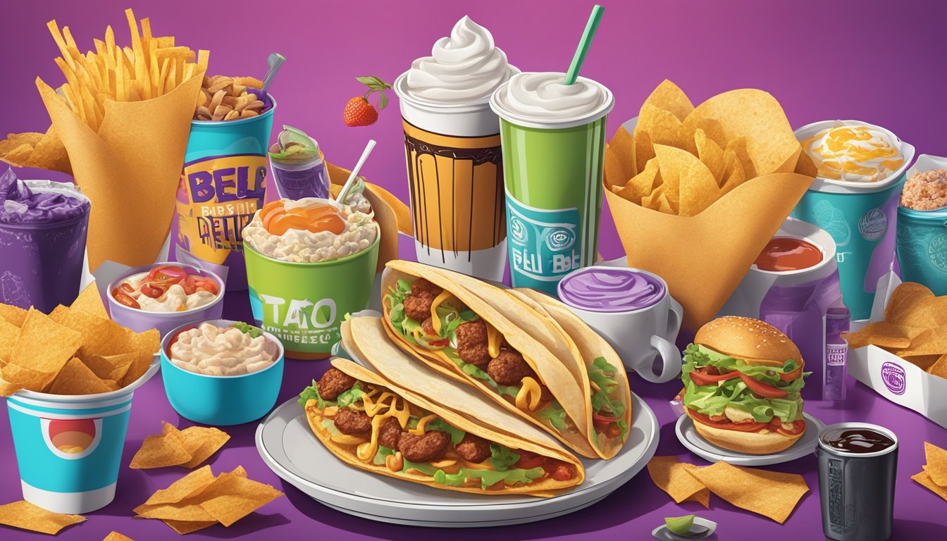 A colorful spread of Taco Bell breakfast items surrounded by media logos and pop culture references