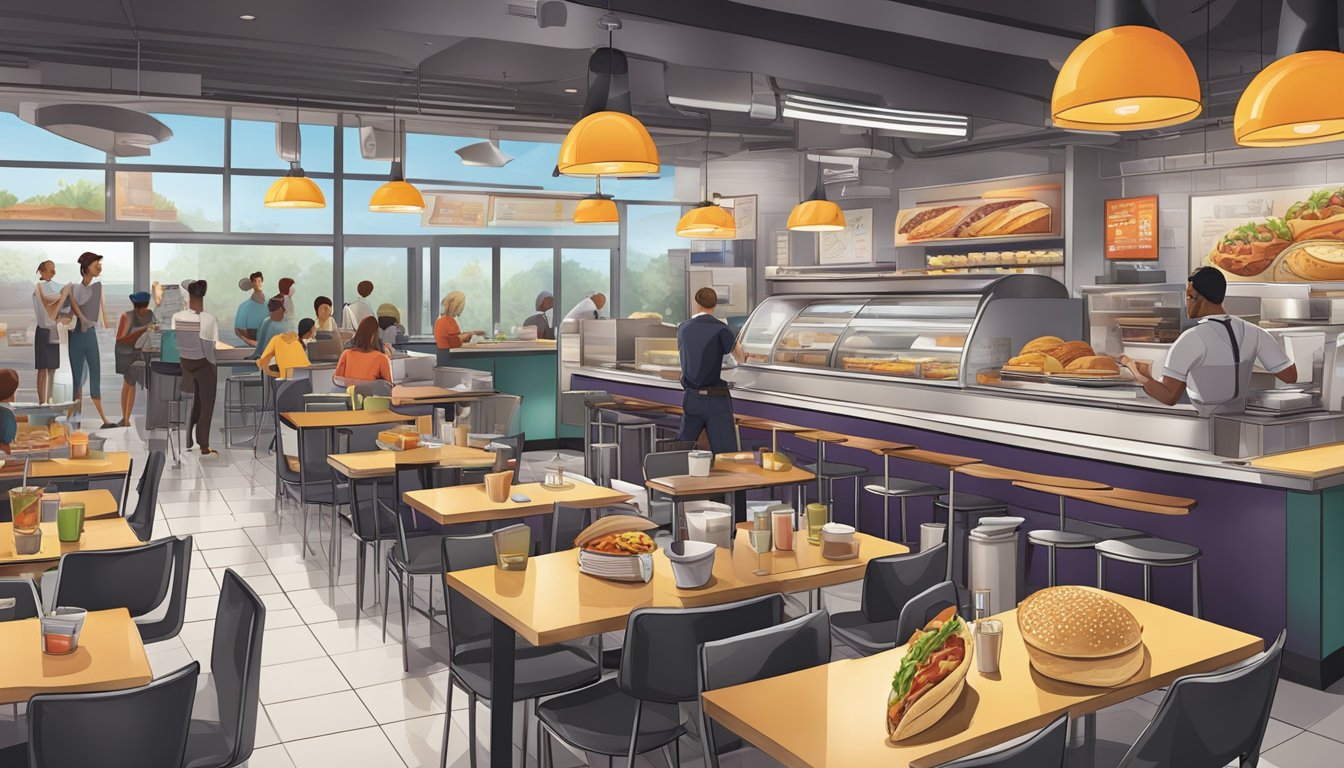 A bustling Taco Bell breakfast service with a diverse menu and efficient staff, set against a backdrop of modern fast food industry standards