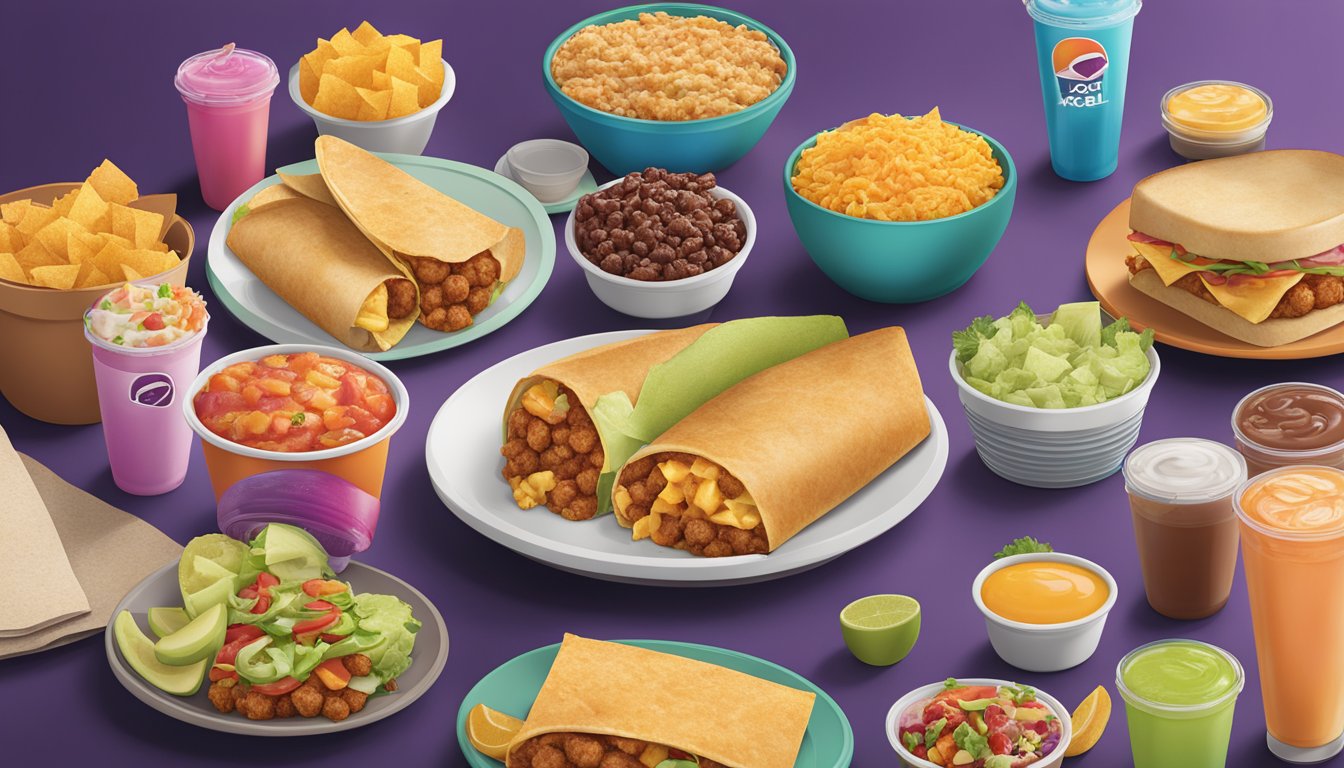 A colorful breakfast spread at Taco Bell, featuring a variety of vegetarian options such as breakfast burritos, hash browns, and fruit cups