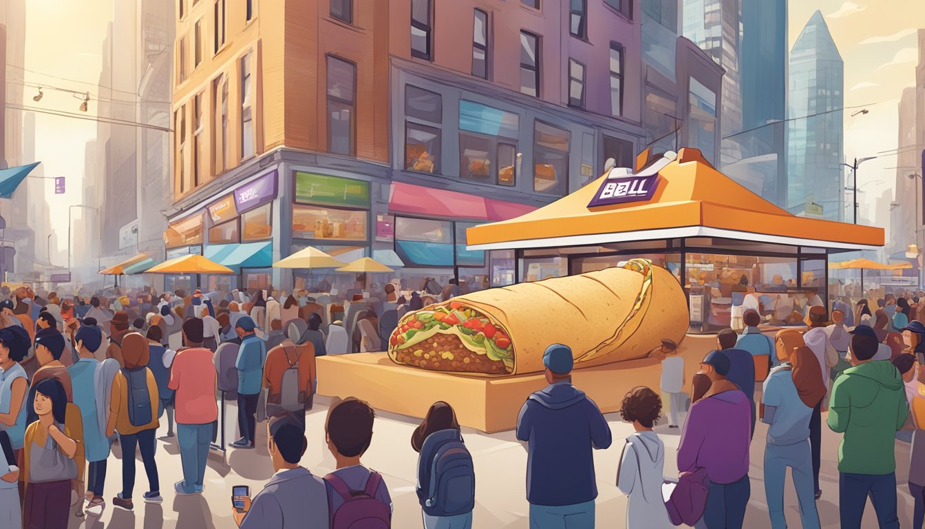 A bustling city street with a larger-than-life Taco Bell breakfast burrito towering over a crowd of people, with media outlets and social media icons displayed on billboards and screens