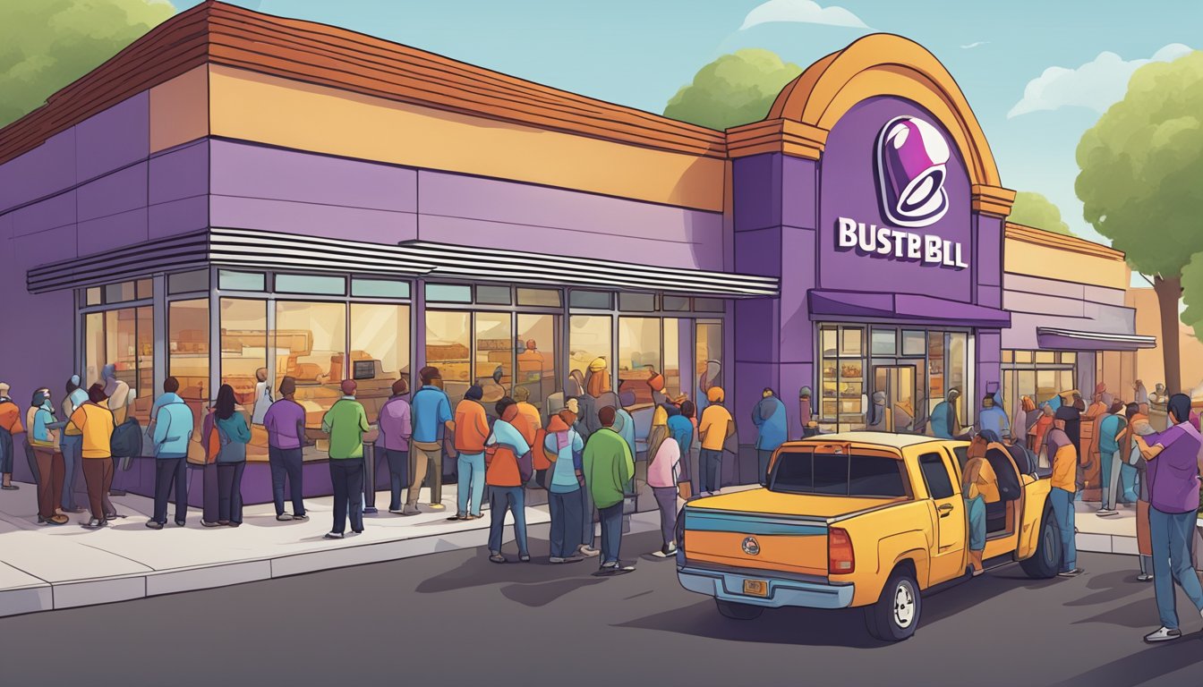 A bustling Taco Bell restaurant with a colorful exterior, surrounded by competing fast-food chains. A line of customers eagerly waits for the breakfast menu, while media vans and reporters gather outside