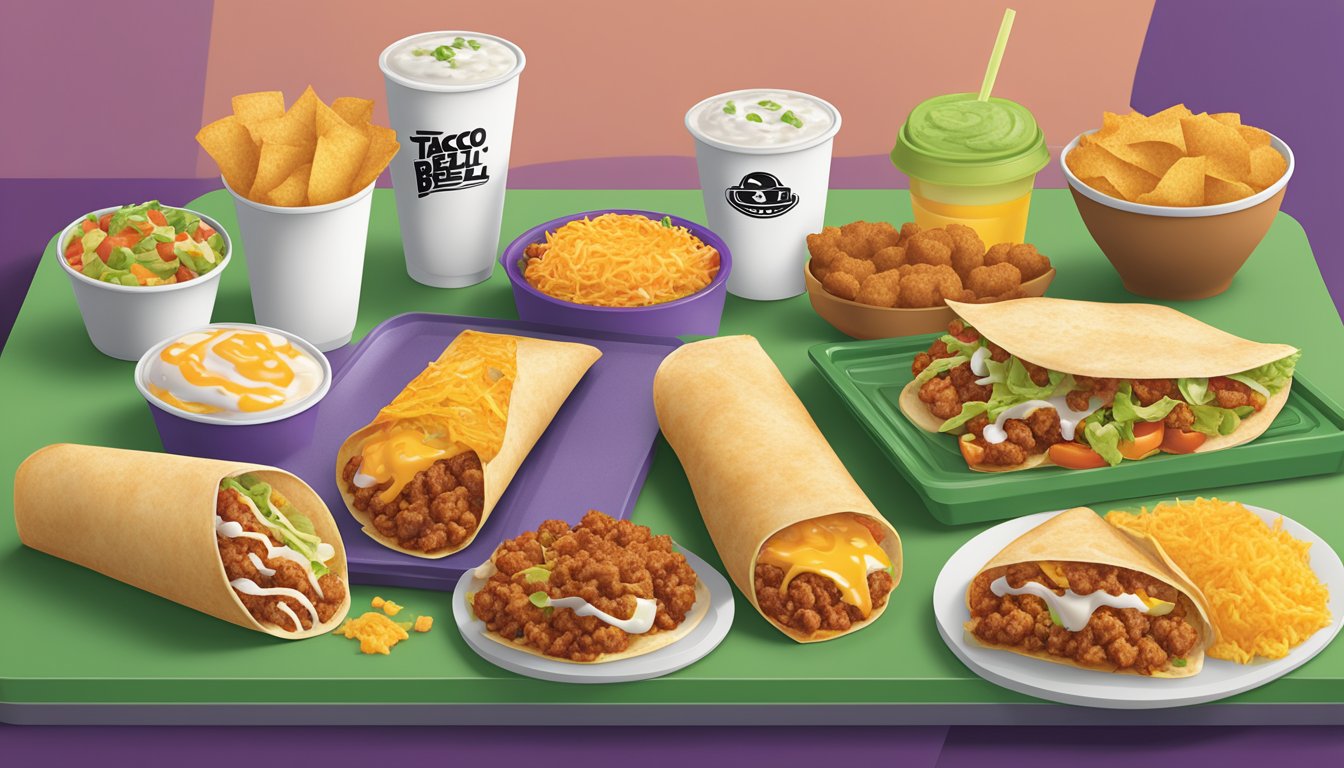 A colorful array of vegetarian breakfast items from Taco Bell's menu, including burritos, hash browns, and breakfast tacos, displayed on a tray