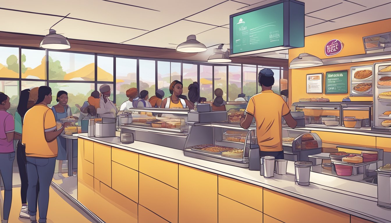 A bustling Taco Bell restaurant at dawn, with a diverse breakfast menu on display. Customers eagerly line up, while employees prepare innovative breakfast items