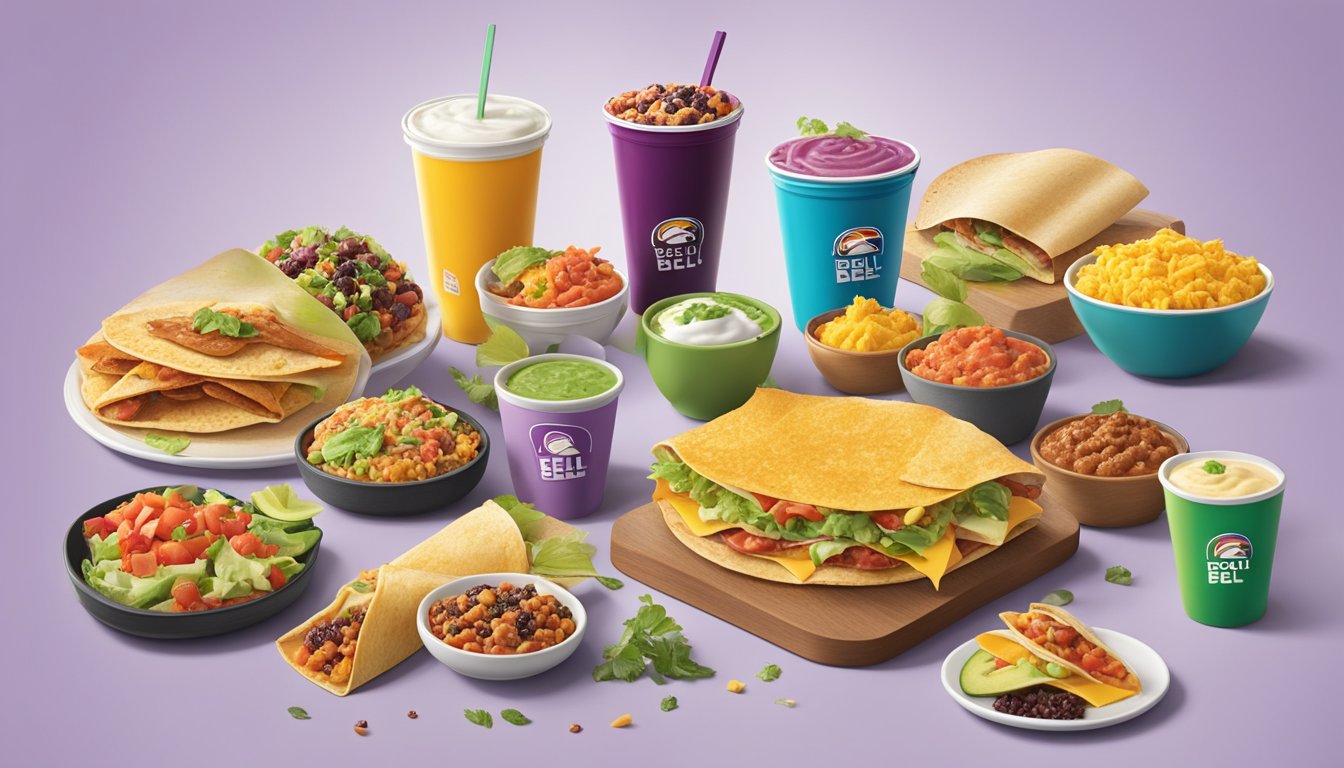 A colorful breakfast spread with vegetarian options, surrounded by Taco Bell's certifications and partnership logos