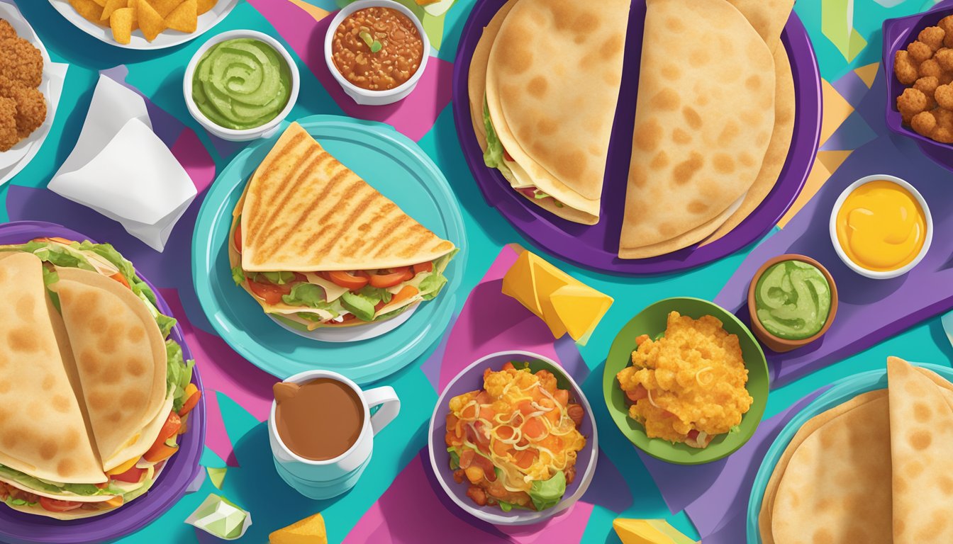 A colorful array of vegetarian breakfast items from Taco Bell, including a breakfast crunchwrap, hash brown, and breakfast burrito, displayed on a vibrant table setting