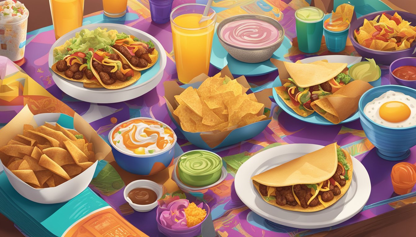 A vibrant breakfast scene with Taco Bell's iconic items, surrounded by diverse cultural symbols and media references