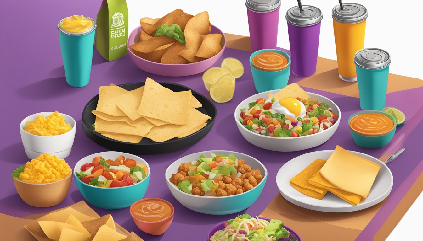 A table with various breakfast items from Taco Bell, including vegetarian options like potato and cheese items, surrounded by colorful packaging and condiments