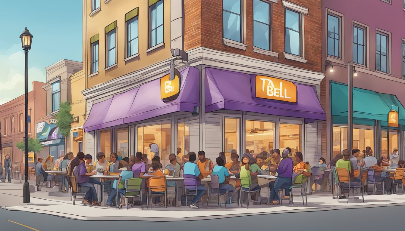 A bustling city street with a Taco Bell restaurant in the background, as people of all ages and backgrounds eagerly enjoy their breakfast items