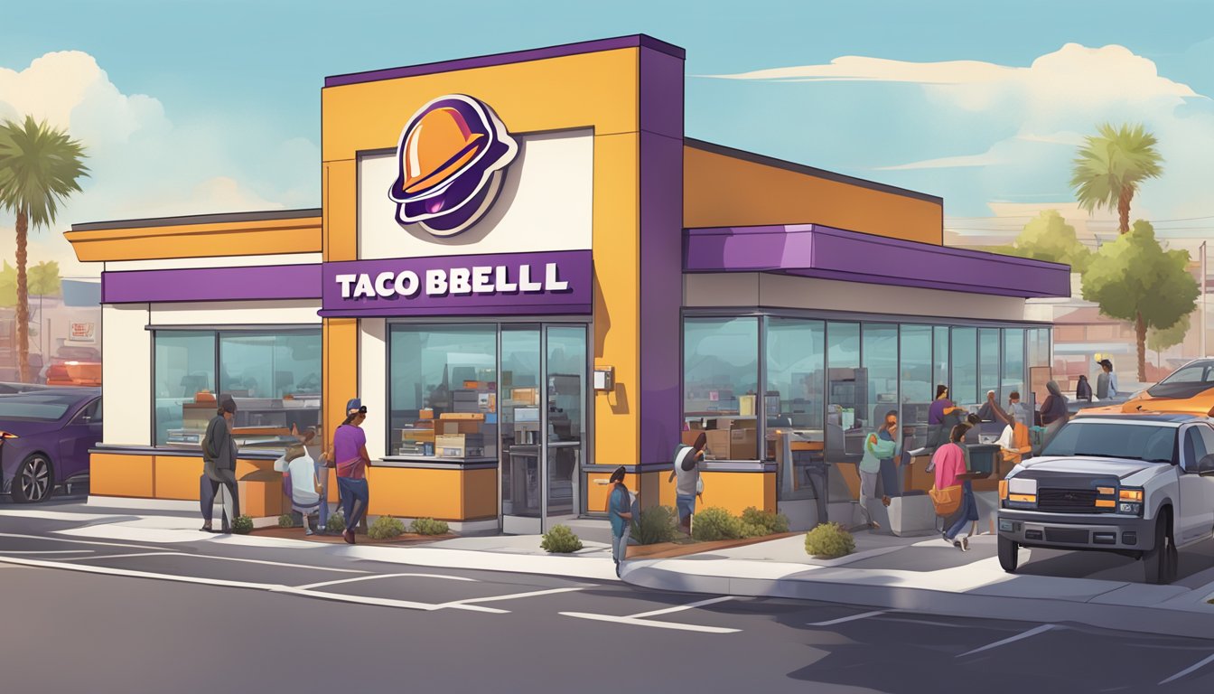 A bustling Taco Bell restaurant with a modern exterior and a drive-thru, surrounded by other fast-food chains in a busy urban area