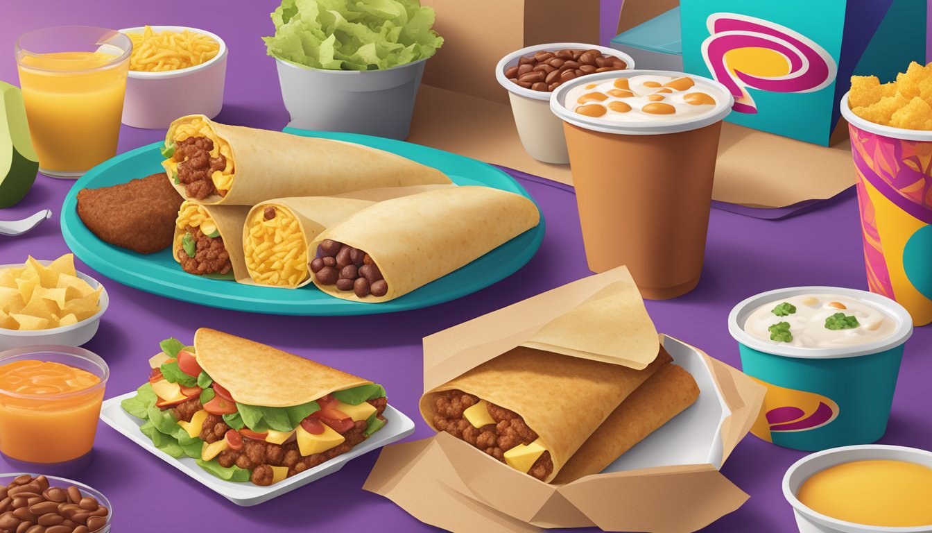 A colorful and vibrant breakfast spread at Taco Bell, featuring a variety of vegetarian options such as bean and potato burritos, hash browns, and fruit cups