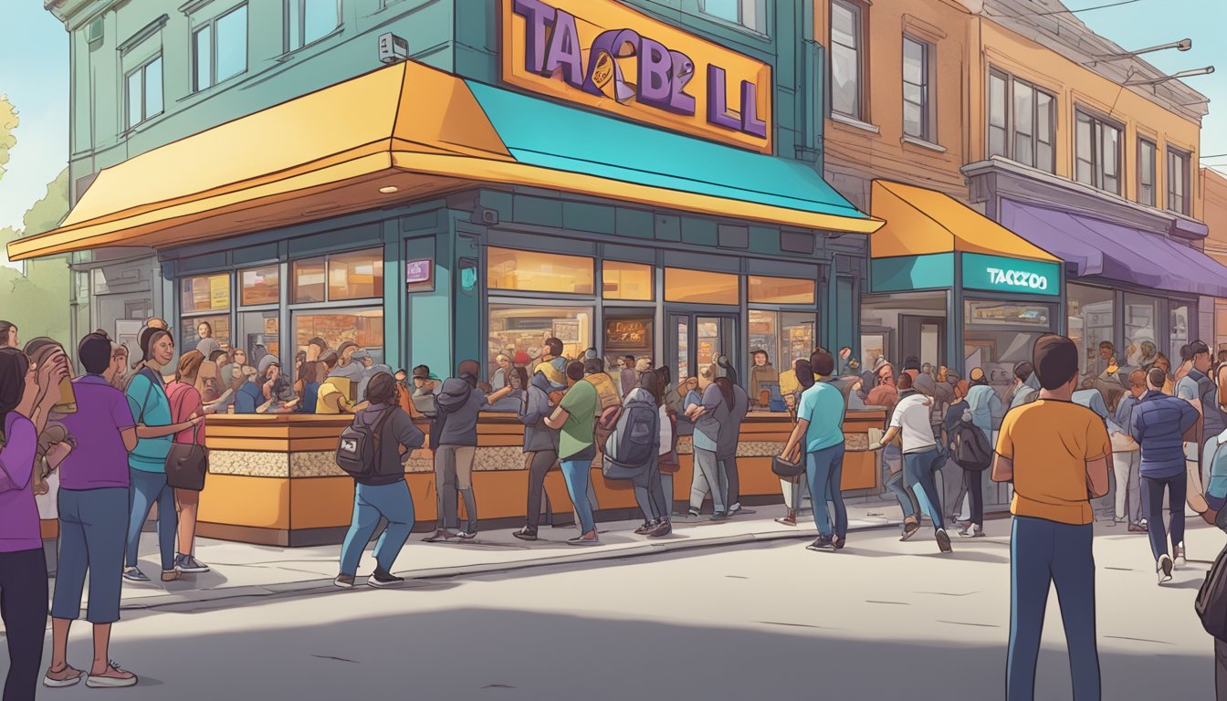 A crowded city street with a Taco Bell storefront, surrounded by excited customers and media crews capturing the buzz of the fast-food chain's breakfast launch