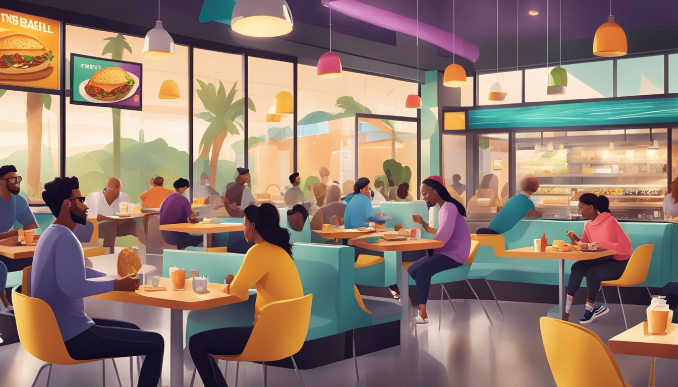 A bustling Taco Bell breakfast scene with diverse customers enjoying innovative menu items amidst modern decor and vibrant branding