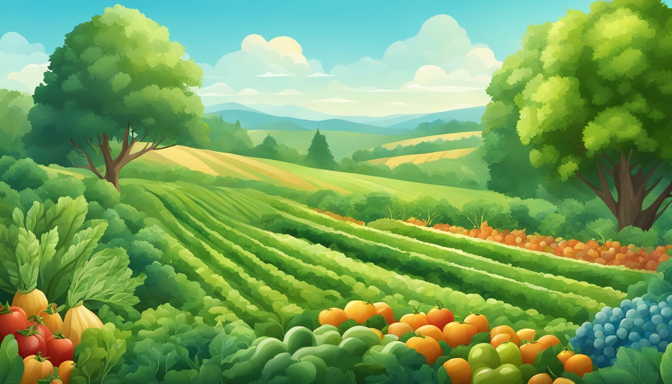 A lush, green field with a variety of fresh vegetables and grains growing, surrounded by tall trees and clear blue skies